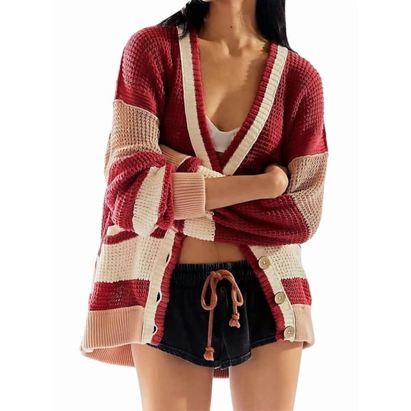 Womens V Neck Cardigan Sweaters Color Block Button Oversized Long Sleeve Open Front Knit Sweater Coats Brick Red S
