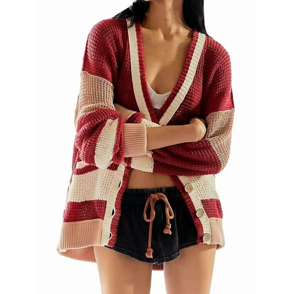 Womens V Neck Cardigan Sweaters Color Block Button Oversized Long Sleeve Open Front Knit Sweater Coats Brick Red S