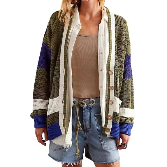Womens V Neck Cardigan Sweaters Color Block Button Oversized Long Sleeve Open Front Knit Sweater Coats Olive Green M