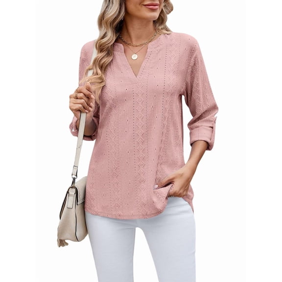 Womens V Neck Casual Hollow Out Eyelet Embroidered Blouses Shirts Beach Cover Up Tops Dressy Dark Pink XL