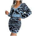 thumbnail image 1 of Womens V-Neck Casual Knit Dress Slim Waist Long Sleeve Mini Dress 2024 Fashion Tiger Printed Short Dresses, 1 of 7
