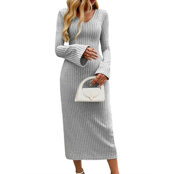 Womens V Neck Casual Knitted Long Sleeve Maxi Dress Slim Fit Ribbed Out Fall Winter Fashion Clothes Flower Gray L