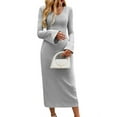 thumbnail image 1 of Womens V Neck Casual Knitted Long Sleeve Maxi Dress Slim Fit Ribbed Out Fall Winter Fashion Clothes Flower Gray XL, 1 of 7