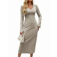 thumbnail image 1 of Womens V Neck Casual Knitted Long Sleeve Maxi Dress Slim Fit Ribbed Out Fall Winter Fashion Clothes Khaki M, 1 of 7