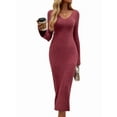 thumbnail image 1 of Womens V Neck Casual Knitted Long Sleeve Maxi Dress Slim Fit Ribbed Out Fall Winter Fashion Clothes Wine Red L, 1 of 9