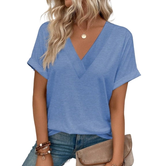 Womens V Neck Casual Solid Color Batwing Sleeve T-Shirt Summer Blouse For Women