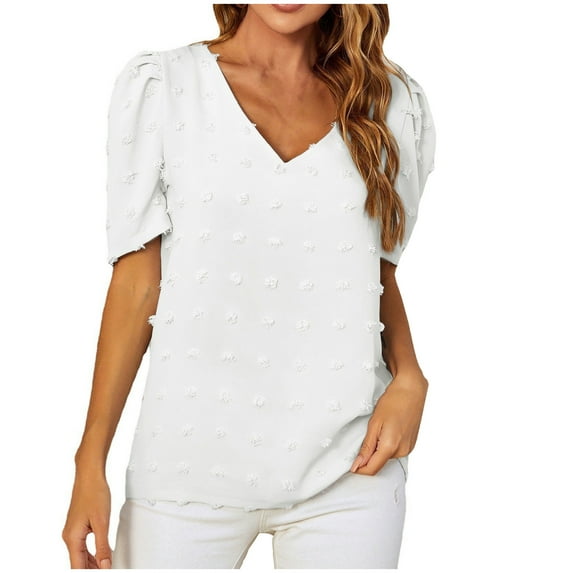 Womens V-Neck Chiffon Tops Summer Dressy Casual Solid T Shirts Tops Short Sleeve Swiss Dot Fashion Loose Tunic Blouses