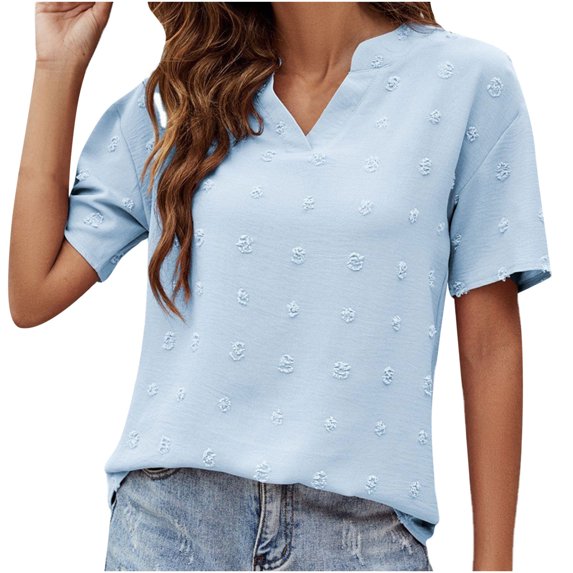 Womens V-Neck Chiffon Tops Summer Dressy Casual Solid T Shirts Tops Short Sleeve Swiss Dot Fashion Loose Tunic Blouses