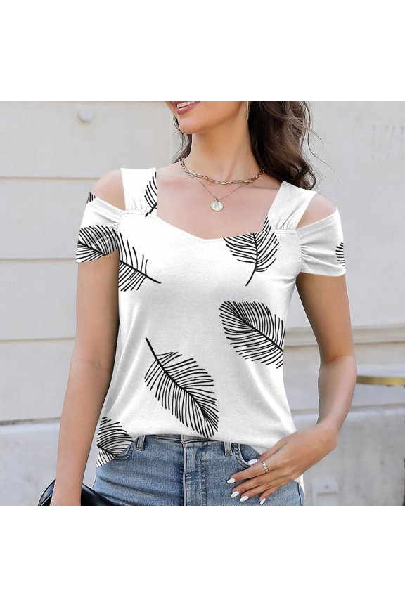 Womens V-Neck Cold-Shoulder Pleated Strap Blouse Short Sleeve Casual Fit with Minimalist Leaf Sketch Print