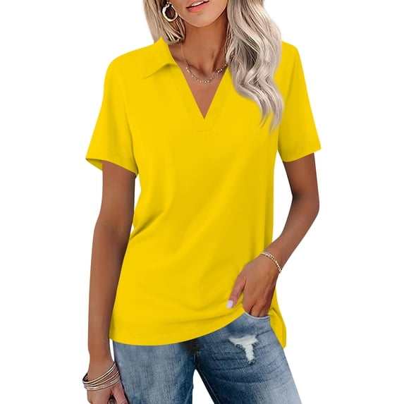 Womens V Neck Collared Polo Shirts Summer Work Short Sleeve Tops Casual Dressy Work Blouses Yellow L