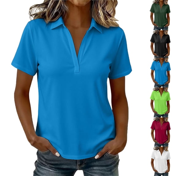 Womens V Neck Collared Shirts, Short Sleeve Business Dressy Casual Tops, Summer Flowy Trendy Tees