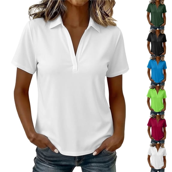 Womens V Neck Collared Shirts, Short Sleeve Business Dressy Casual Tops, Summer Flowy Trendy Tees