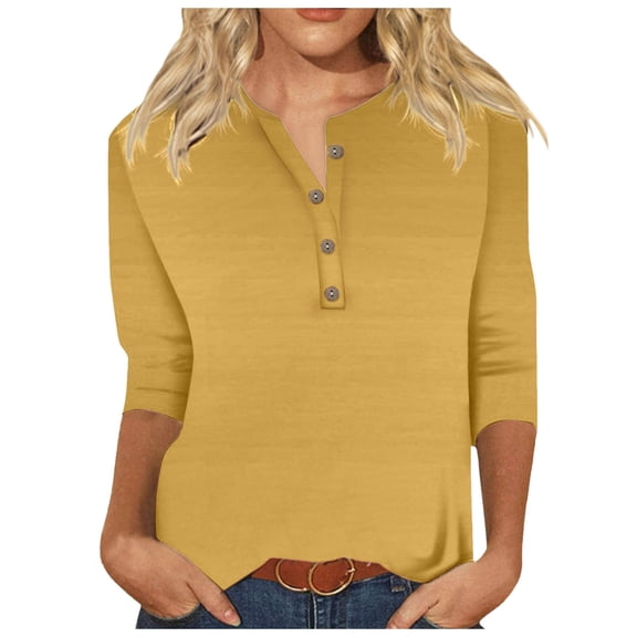 Womens V Neck Colorful Geometric Print 3/4 Sleeve T Shirt - Polyester, Button Design, Casual - S-XXL