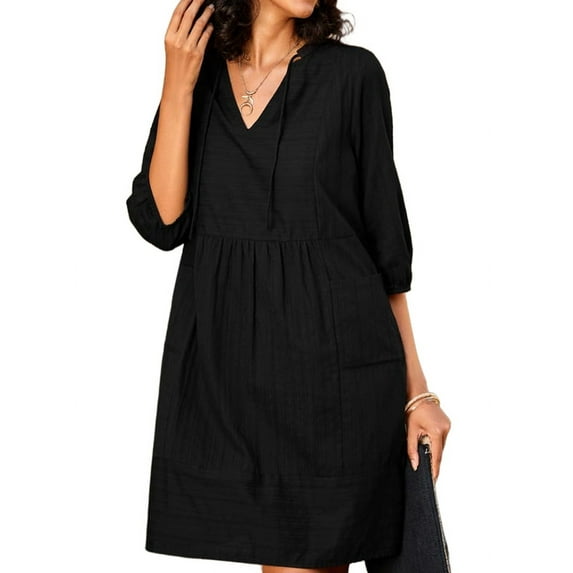 Womens V Neck Cotton Casual Loose Shift Tunic Smock Summer Dresses Vacation Dress 3/4 Sleeve Pocket Black L