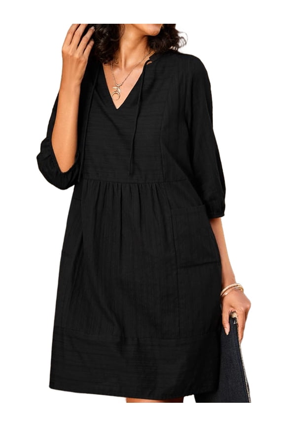 Womens V Neck Cotton Casual Loose Shift Tunic Smock Summer Dresses Vacation Dress 3/4 Sleeve Pocket Black S