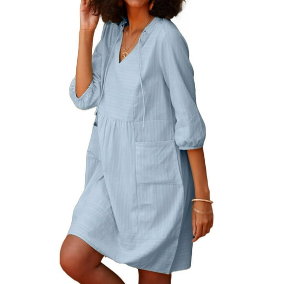 Womens V Neck Cotton Casual Loose Shift Tunic Smock Summer Dresses Vacation Dress 3/4 Sleeve Pocket Blue L
