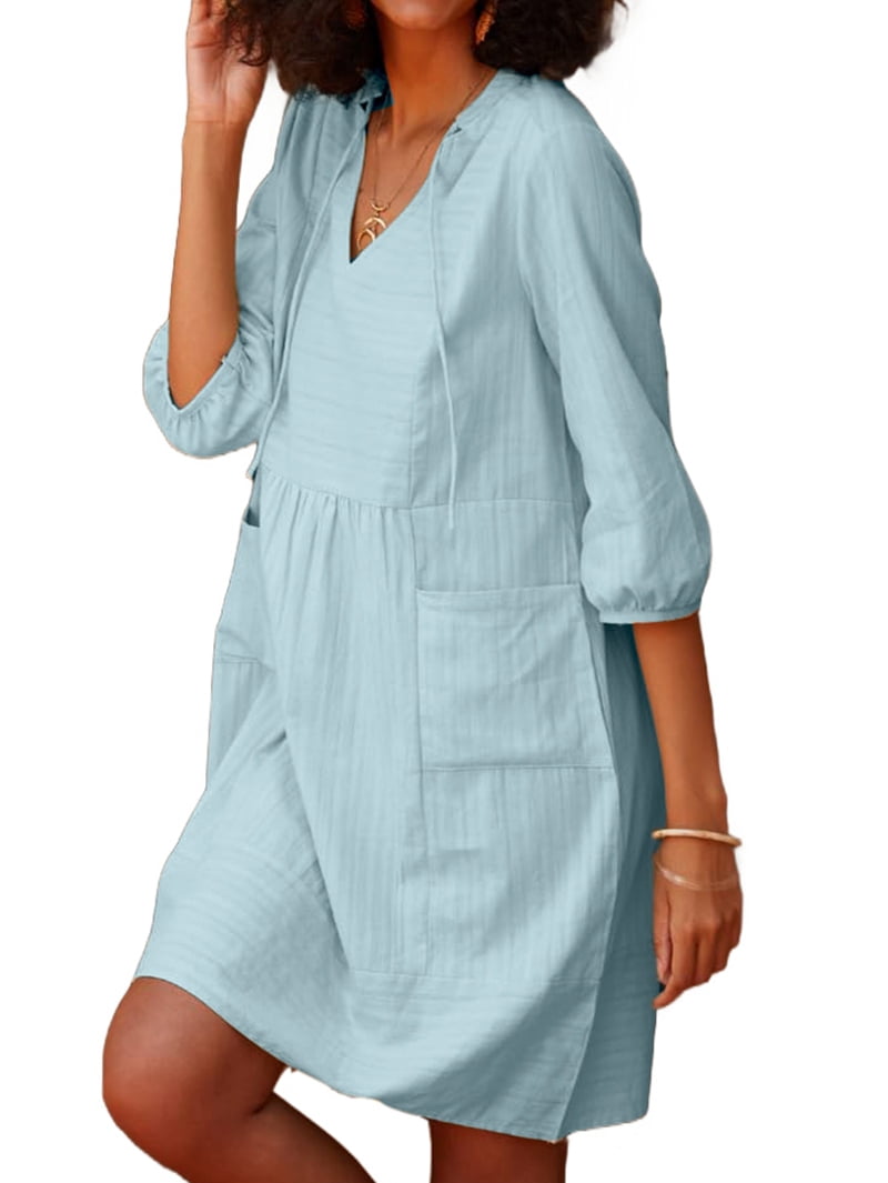 white christmas dresses Casual Oversized Loose 100% Linen Dress - Midi, Summer, Boho - Storm Blue