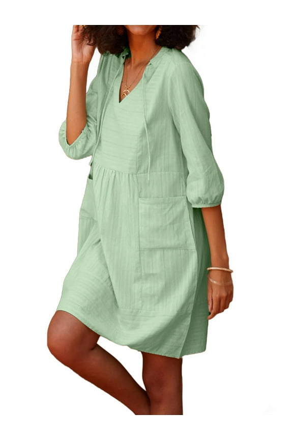 Womens V Neck Cotton Casual Loose Shift Tunic Smock Summer Dresses Vacation Dress 3/4 Sleeve Pocket Green L