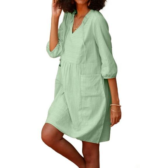Womens V Neck Cotton Casual Loose Shift Tunic Smock Summer Dresses Vacation Dress 3/4 Sleeve Pocket Green XXXL