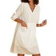 thumbnail image 1 of Womens V Neck Cotton Casual Loose Shift Tunic Smock Summer Dresses Vacation Dress 3/4 Sleeve Pocket White L, 1 of 6