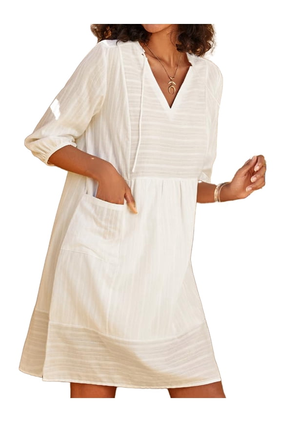 Womens V Neck Cotton Casual Loose Shift Tunic Smock Summer Dresses Vacation Dress 3/4 Sleeve Pocket White L