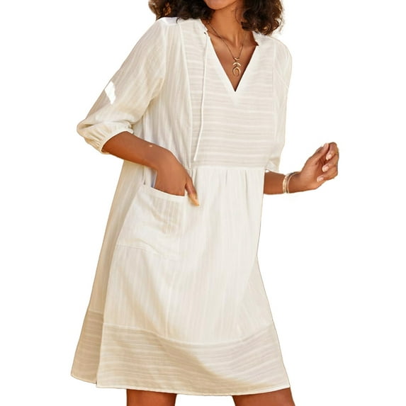 Womens V Neck Cotton Casual Loose Shift Tunic Smock Summer Dresses Vacation Dress 3/4 Sleeve Pocket White XL