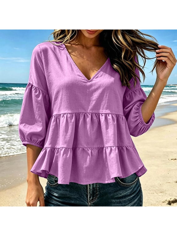 Womens V-Neck Cotton Linen Blouse 3/4 Puff Sleeve Tiered Ruffle Hem Pullover Tops Solid Color Casual Loose Flowy Vacation Outfits Purple XL