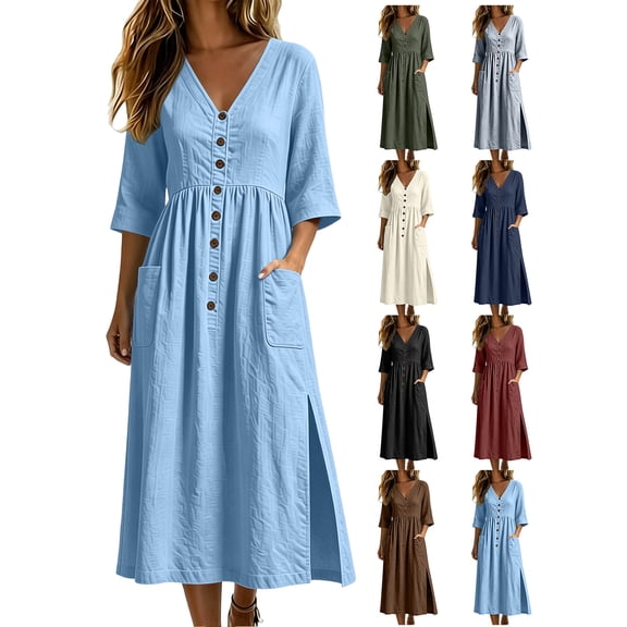 Womens V Neck Cotton Linen Casual Dress 3/4 Sleeve Loose Fit Midi Length Side Slit Pockets Button Front Dress