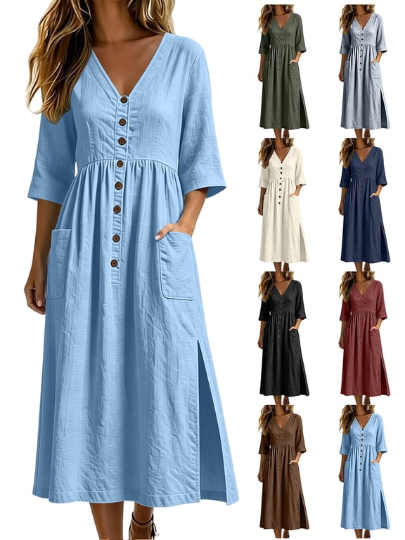 Womens V Neck Cotton Linen Casual Dress 3/4 Sleeve Loose Fit Midi Length Side Slit Pockets Button Front Dress