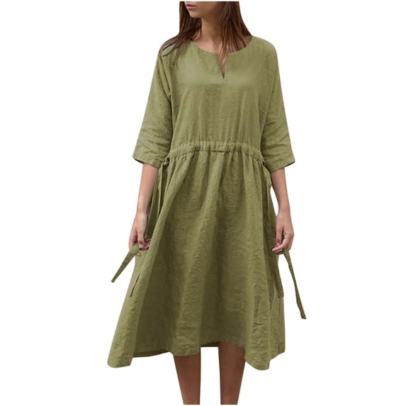 Womens V Neck Cotton Linen Casual Loose Shift Tunic Smock Summer Dresses Vacation Dress 3/4 Sleeve