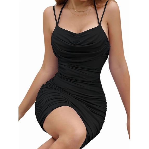 Womens V-Neck Cowl Neck Halter Spaghetti Strap Ruched Bodycon Dress Sleeveless Club Mini Dress Black L