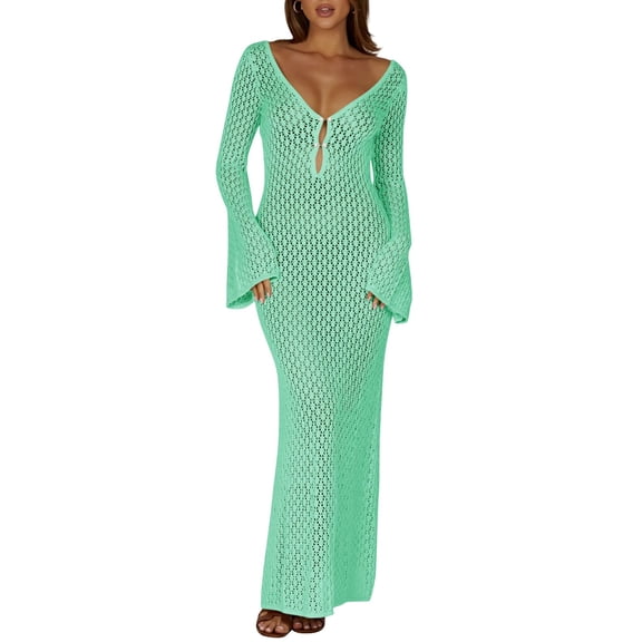 Womens V Neck Crochet Maxi Dress Bell Sleeve Bodycon Long Summer Dress Hollow Out Beach Vacation Cover Up