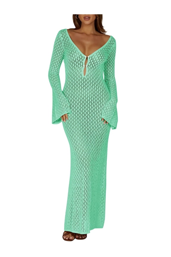 Womens V Neck Crochet Maxi Dress Bell Sleeve Bodycon Long Summer Dress Hollow Out Beach Vacation Cover Up