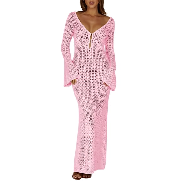 Womens V Neck Crochet Maxi Dress Bell Sleeve Bodycon Long Summer Dress Hollow Out Beach Vacation Cover Up