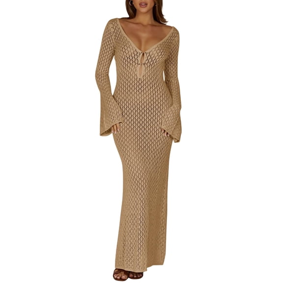 Womens V Neck Crochet Maxi Dress Bell Sleeve Bodycon Long Summer Dress Hollow Out Beach Vacation Cover Up