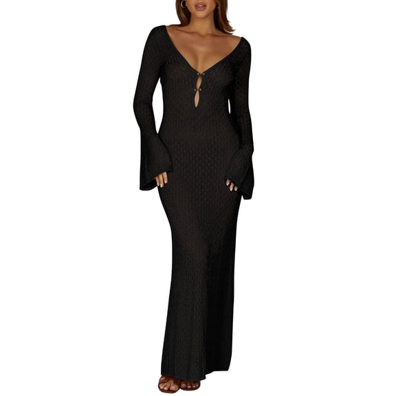 Womens V Neck Crochet Maxi Dress Bell Sleeve Bodycon Long Summer Dress Hollow Out Beach Vacation Cover Up