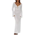 thumbnail image 1 of Womens V Neck Crochet Maxi Dress Bell Sleeve Bodycon Long Summer Dress Hollow Out Beach Vacation Cover Up, 1 of 7