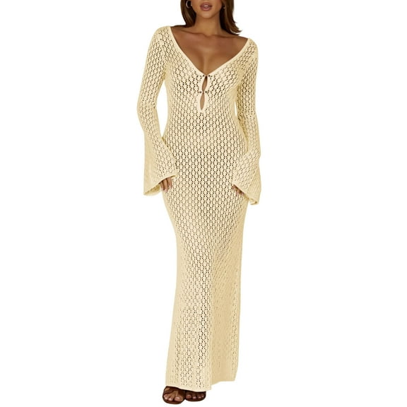 Womens V Neck Crochet Maxi Dress Bell Sleeve Bodycon Long Summer Dress Hollow Out Beach Vacation Cover Up