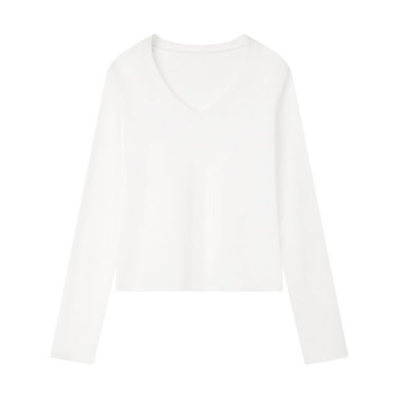 Womens V Neck Cropped T Shirts Long Sleeve Basic Tee Tops Loose Fit Fall Outfits 2025 Fashion Casual Loose Blouses White XXL