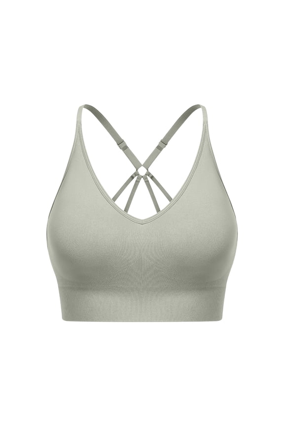 Womens V Neck Cross Back Sports Bra Seamless Racerback Medium Support Nylon Spandex Wirefree Yoga Top Gym Workout Bra Green,Size 2XL