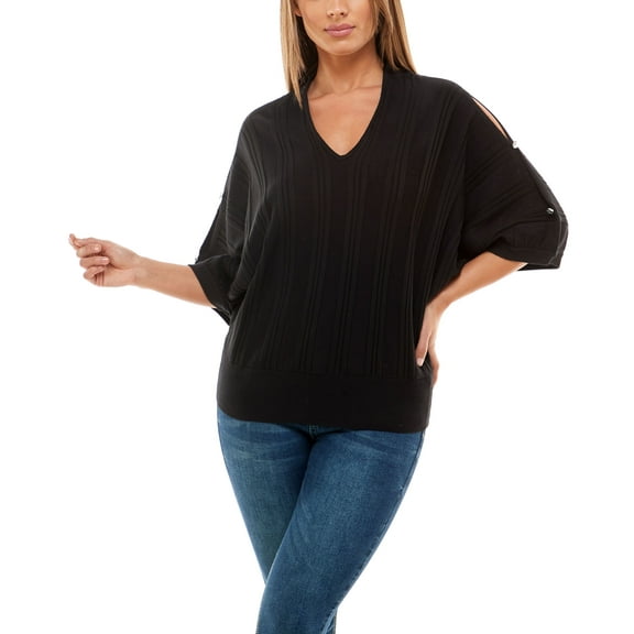 Womens V Neck Dolman Sleeve Ribbed Sweater Black S
