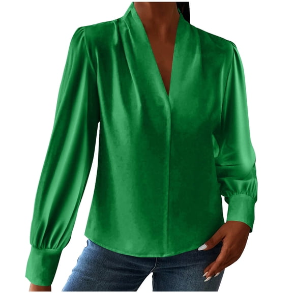 Womens V Neck Dressy Business Casual Blouse Pleated Long Sleeve Tops Satin Silk Work Shirt Fall Outfits