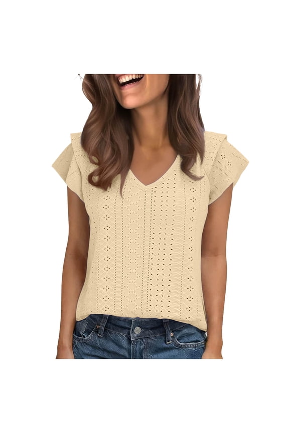 Womens V-Neck Eyelet Top Short Sleeve Ruffle Blouse Casual Summer Shirt Stretchy Fit Yellow,Size L