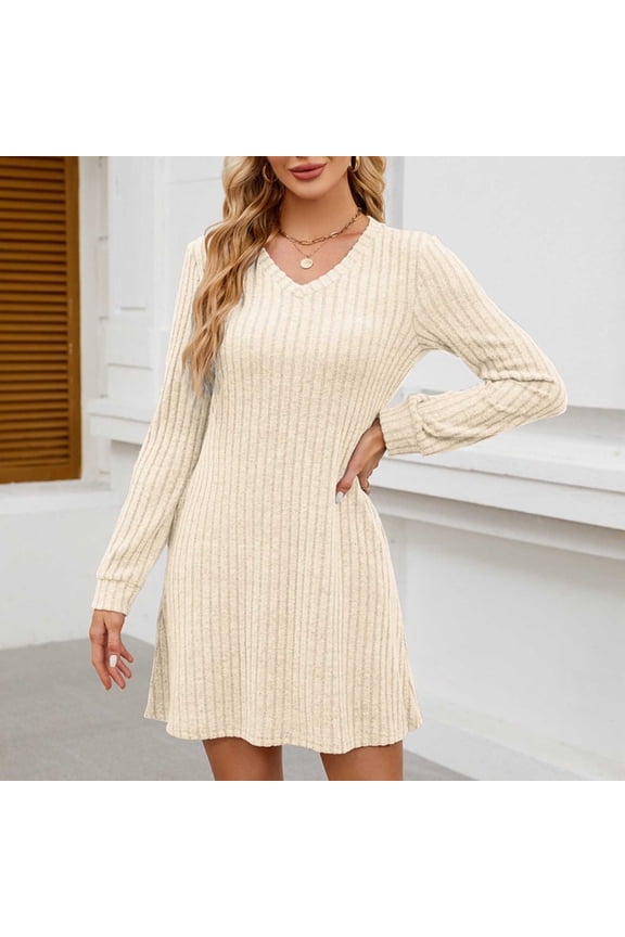 Womens V Neck Fall Dresses Long Sleeve Casual Sweater Short Dress Fashion Clothes Sleeveless Dresses for Summer Womens Tunic Dress Ladies Summer Dresses Casual Petite Dresses for Women Casual Long