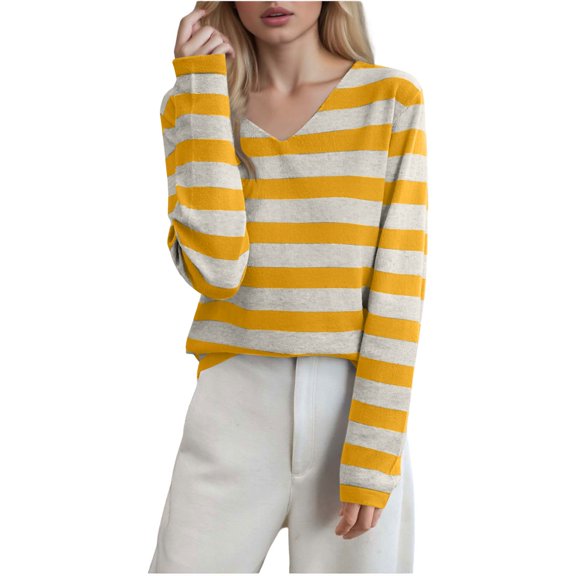 Womens V Neck Fall Sweaters Long Sleeve Striped Ladies Sweater Pullover Casual Loose Knitted Tops Yellow, XL