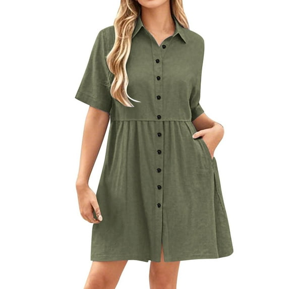 Womens V Neck Faux Gauze Linen Dresses for Women Short Sleeve Midi Knee Length Lounge Plain Summer Fall Dresses Button 2025 Soft Comfy Clothes Country Concert