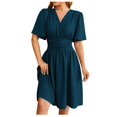 thumbnail image 1 of Womens V Neck Flared Sleeves Dress - Solid Color Waist Fit - Polyester Casual/Party Dress - All Seasons Wear, 1 of 4