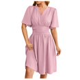 thumbnail image 1 of Womens V Neck Flared Sleeves Dress - Solid Color Waist Fit - Polyester Casual/Party Dress - All Seasons Wear, 1 of 4