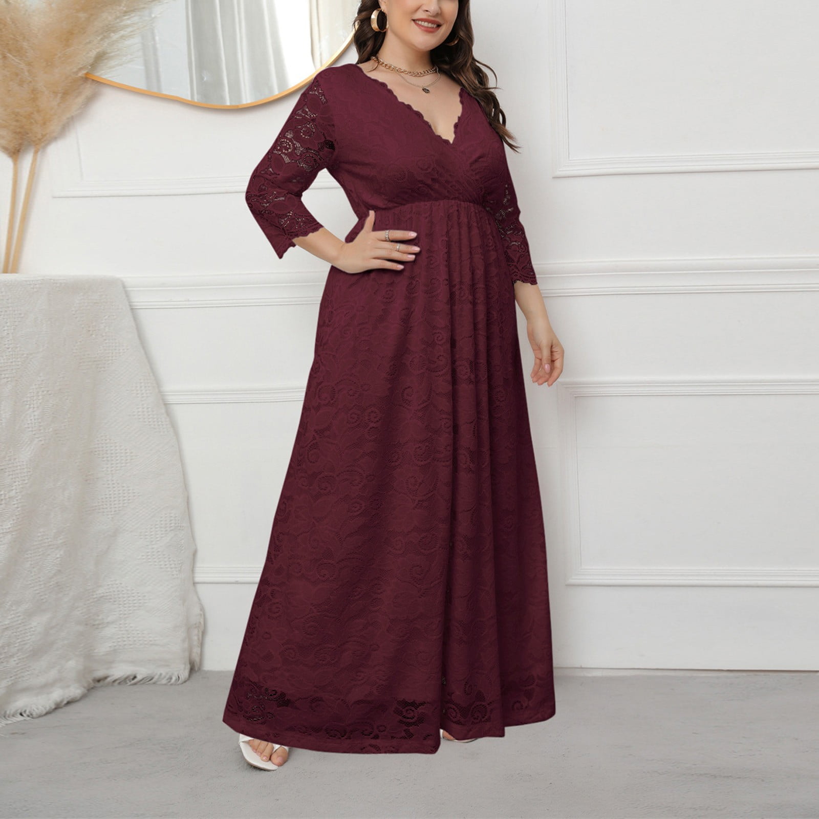 Womens V Neck Floral Lace Plus Size Long Dress Scooped Cocktail Party