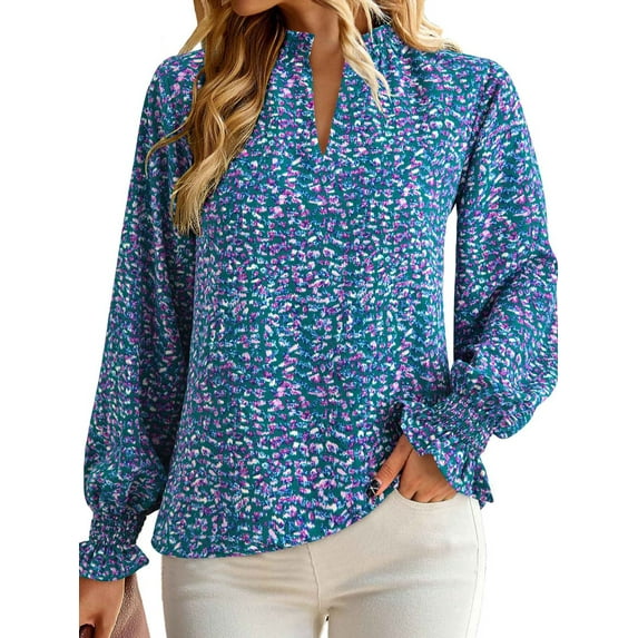 Womens V Neck Floral Long Sleeve Tops Summer Casual Loose Puff Sleeve Chiffon Boho Work Blouse Dressy T Shirts Color M